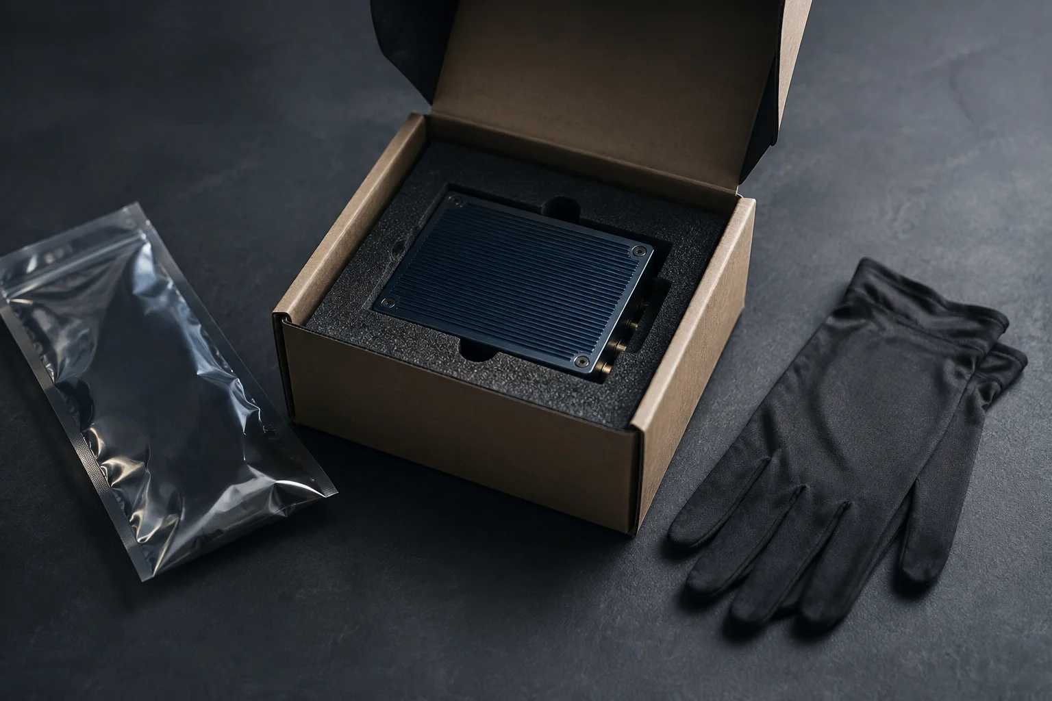 AI-generated editorial illustration of an electronic device packed for shipment inspection.