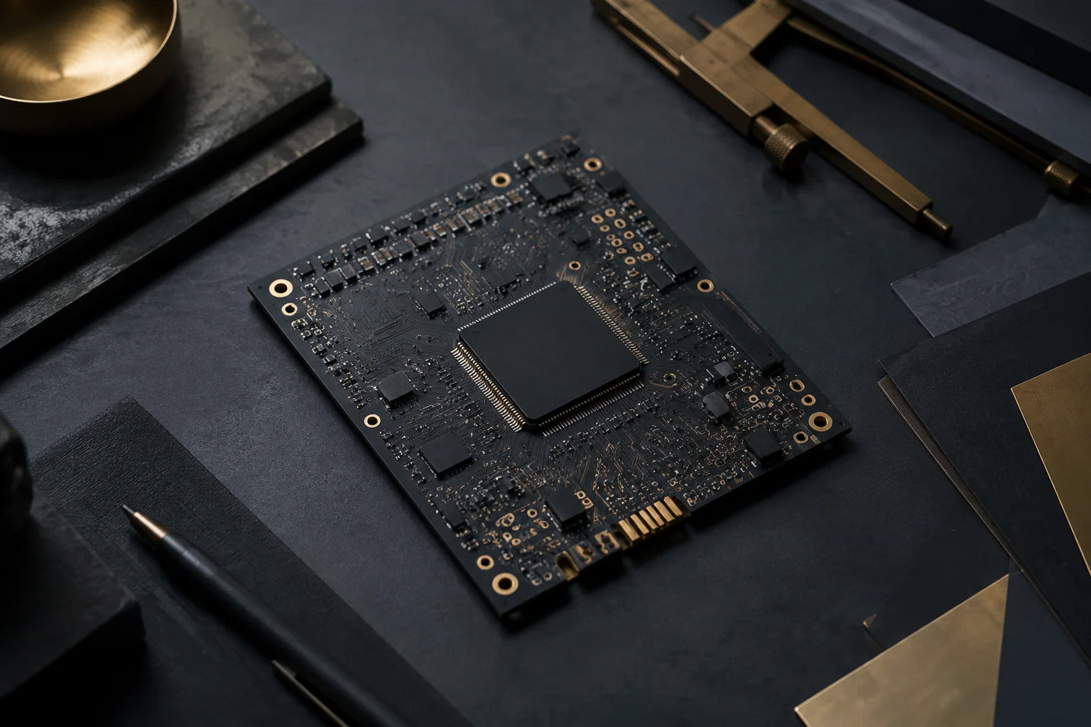 AI-generated editorial illustration of a microprocessor and circuit board on a dark research desk