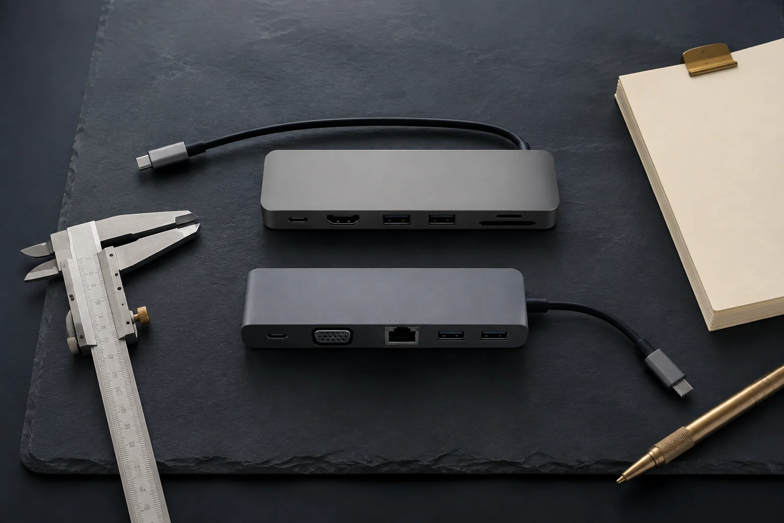 AI-generated editorial illustration of two electronics hubs with measurement tools.