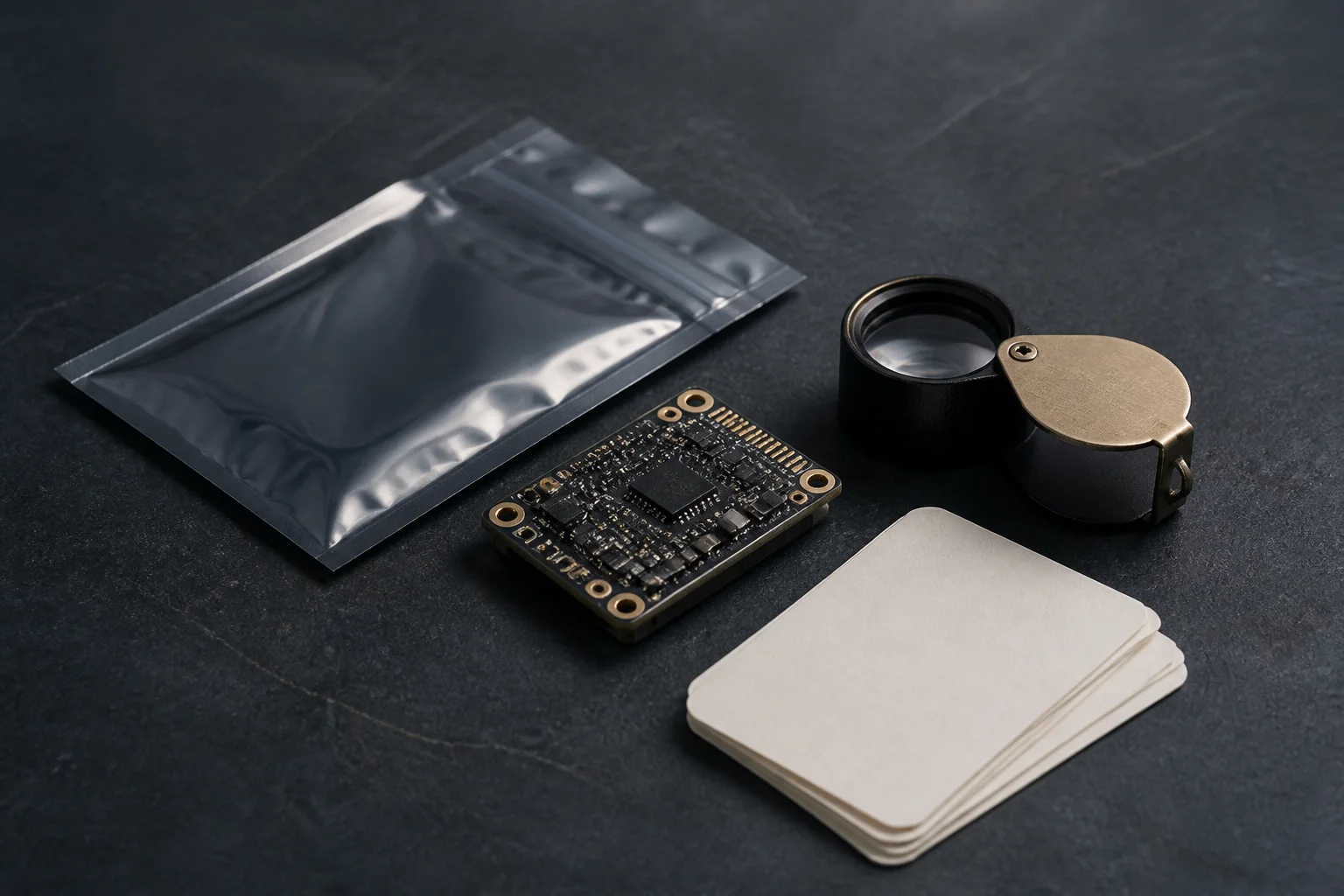 AI-generated editorial illustration of an electronics module, inspection loupe and evidence cards.