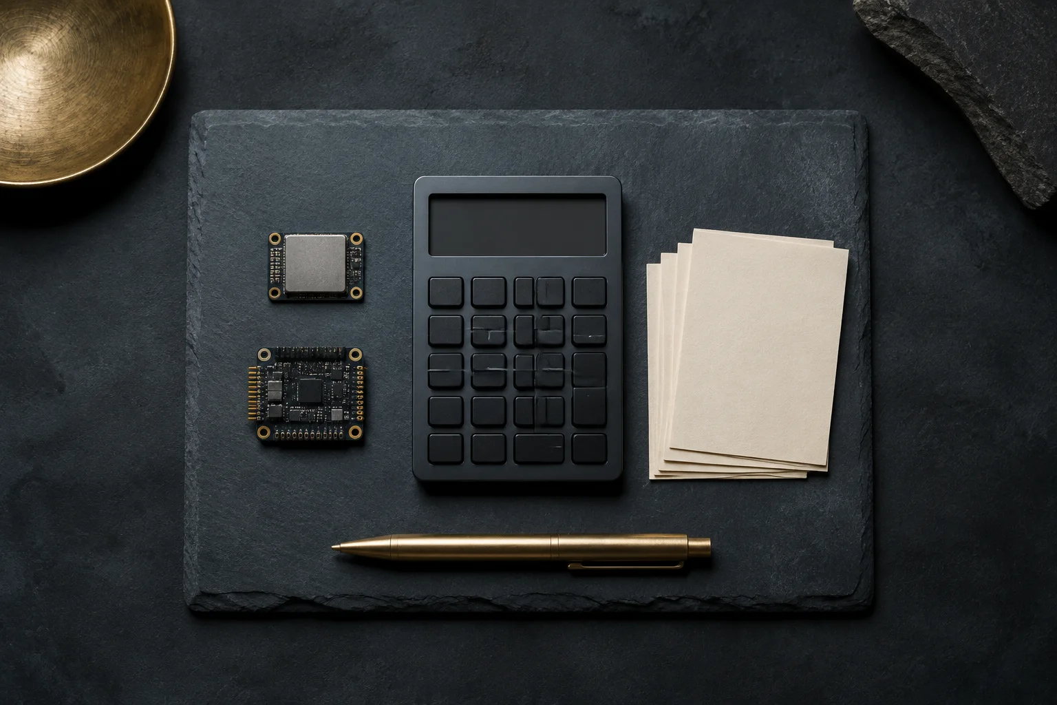 AI-generated editorial illustration of electronics modules, a calculator and cost records.